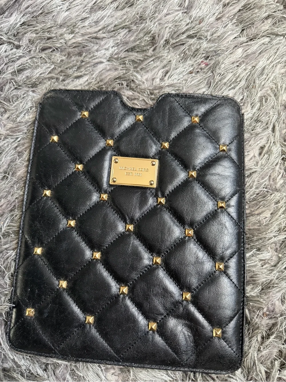 Michael Kors Black Quilted Leather Tablet Sleeve with Gold Studs